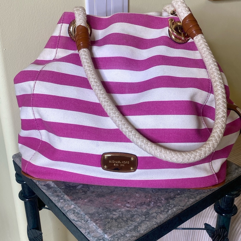 Michael Kors Fushcia Pink and White Striped Canvas Tote Bag